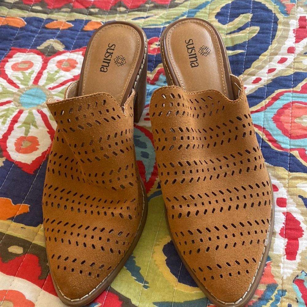 Susina Tan Perforated Suede Mules